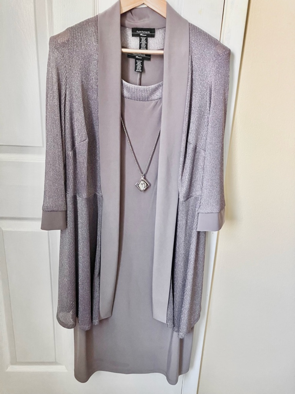 R&M Richards Metallic Taupe Knit Cardigan Dress Set